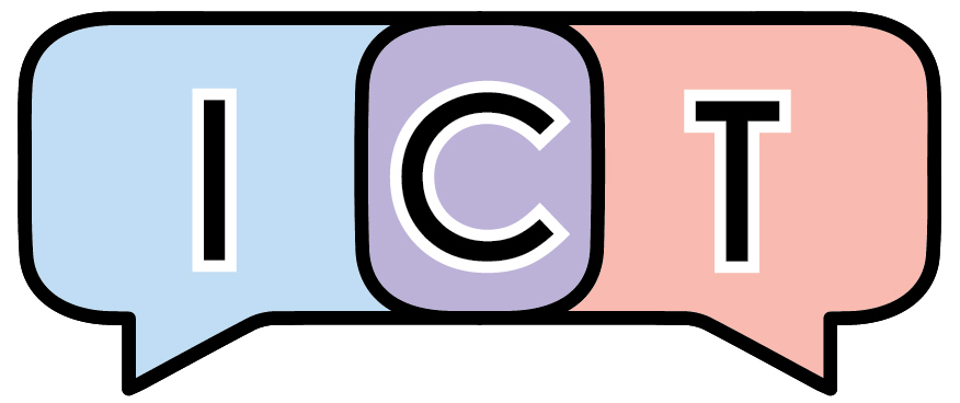 ICT logo is three speech bubbles, one for each letter. The I is in a blue speech bubble, the letter C is in a purple bubble and the letter T is in a pink speech bubble.